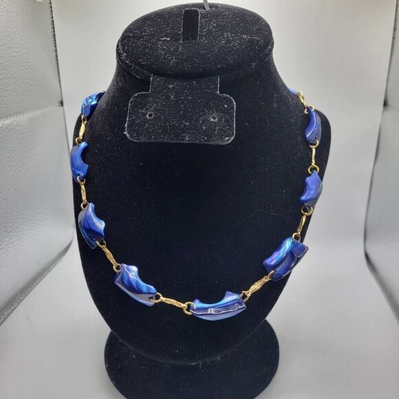 Beautiful Cerulean Blue Mother of Pearl and Gold Necklace - Picture 1 of 7